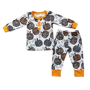 Boys Long Sleeve Pajama Set 2pcs Pumpkin Patch Sleepwear Pumpkin Leopard Print - Picture 1 of 1