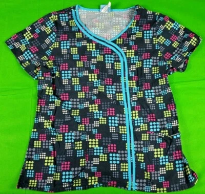 Scrub HQ black multicolor polka dot women's 2 pocket scrub top size M - Image 1 of 4