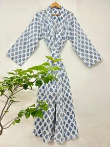 Indischer langer Kimono aus Baumwolle mit Handblockdruck Damen Nachtwäsche Mo... - Bild 1 von 13
