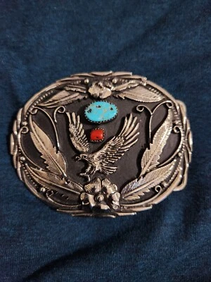 Hebilla de cinturón de plata nativa americana / suroeste con turquesa y corral   Foto 1 de 3