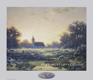 Still Waters von Larry Dyke Kirche grasende Schafe Landschaft spiritueller Kunstdruck - Bild 1 von 1