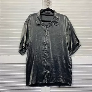 Vintage Roger David Shirt Mens Large Short Sleeve Silver Grey Shiny Disco 90s - Bild 1 von 8