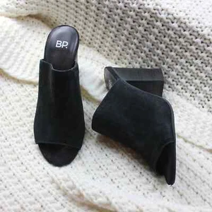 BP Black Suede Peep Toe Slide Sandal Heels - Picture 1 of 7