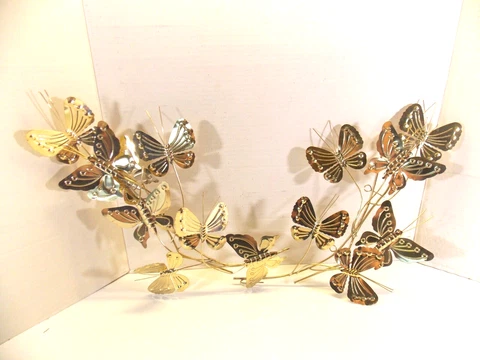 Metal Tin Brass Butterfly MCM Wall Hanging Art Sculpture floral 16” Set of 2 Cover