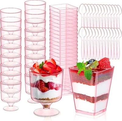 200pc Dessert Cups w/ Spoons Parfait Fruit Cup Square & Round Goblet for Party R - Image 1 of 4