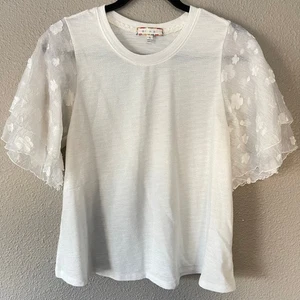 Camiseta blusa pequeña Eri+Ali Flutter blanca mariposa floral manga transparente para mujer - Imagen 1 de 9