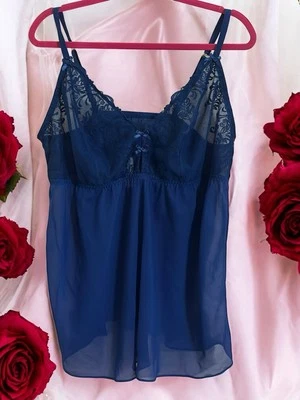 Cacique Lingerie 22/24 Romantic Blue Babydoll Lace & Bows Sheer - Image 1 of 4