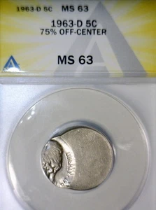 1963d ERROR ANACS MS63 OFF CENTER Jefferson Nickel NICE CH BU EARLY O/C Coin NR - Picture 1 of 4