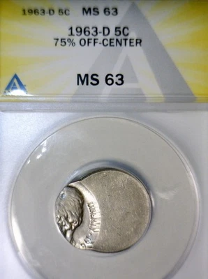1963d ERROR ANACS MS63 OFF CENTER Jefferson Nickel NICE CH BU EARLY O/C Coin  NR - Image 1 of 4