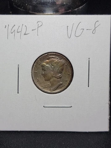 1942 P Mercury Silver Dime in Very Good Circulated Condition in Coin-Flip Cover