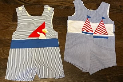 2 Vintage  Boys Clothes Sailboat Romper Navy Stripes photos twins 22" chest boat - Image 1 of 4