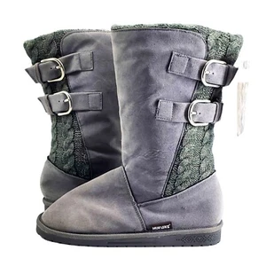 MUK LUKS Jean Boots NWT Dual Buckle Gray Faux Suede Cable Knit Panel Pull-On 9 - Picture 1 of 5
