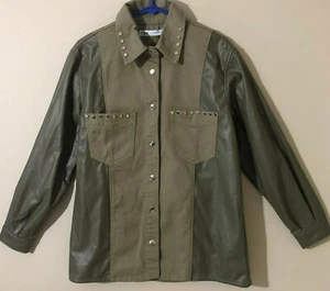 Zara Womens Denim Jeans/Faux Leather Studded Shirt Jacket Green Olive Sz S New - Picture 1 of 8