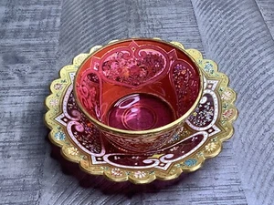 Hand Enameled Gold Gilt Bohemian Glass Finger Bowls Roses Scrolling Florals - Picture 1 of 8