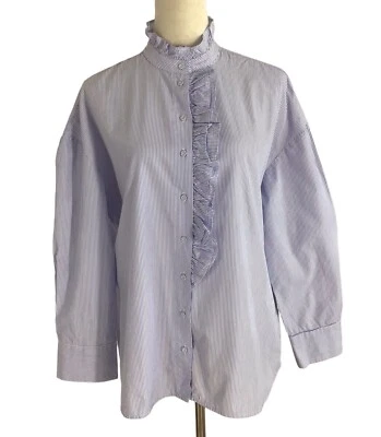 Mango Blue White Striped Ruffle Trim Cotton Long Sleeve Blouse Women’s Size 4 - Image 1 of 4