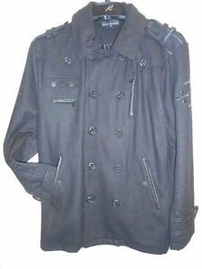 Black Premium Black Wool Blend Double Breasted Button Front Pea Coat SZ XL - Picture 1 of 3