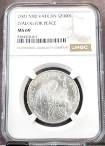 2001 VATICAN SILVER 2000 LIRE S2000L DIALOG FOR PEACE NGC MS 69 RARE TOP POP - Picture 1 of 3