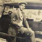 Vintage Sepia Photo Young Man Holding Pinecone Standing Next To Car 1930s
