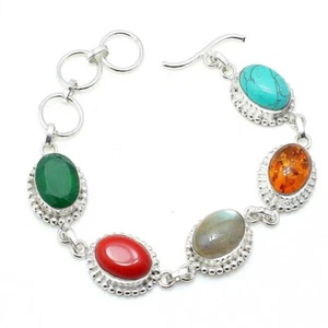 Multi Color Gemstone Handmade 925 Sterling Silver Jewelry Bracelet Sz 7-8" - Picture 1 of 1