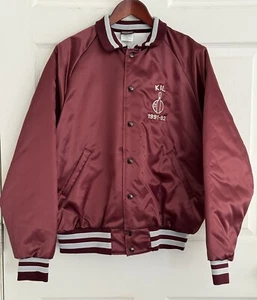 Vintage Hilton Sz Large Maroon Red Nylon Satin Bomber Jacket 1991 Bowling Award - Picture 1 of 9