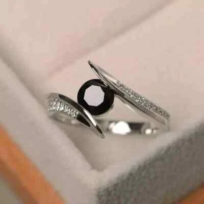 1.87 Ct Round Simulated Black Diamond Wedding Bypass Ring 14K White Gold Plated - Image 1 of 4