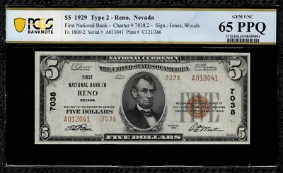 1929 $5 National Type 2 - Reno, Nevada - Charter 7038 - PCGS 65 PPQ - Image 1 of 2
