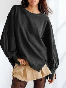 Women's Black Oversized Sweatshirt With Frayed Hem And Balloon Sleeve - Picture 1 of 29