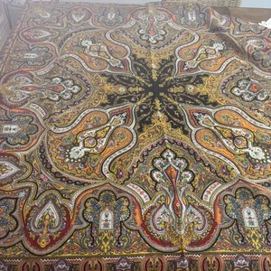 Vintage wool shawl w orange-green yellow paisley + black fringe border 50x50 - Picture 1 of 4