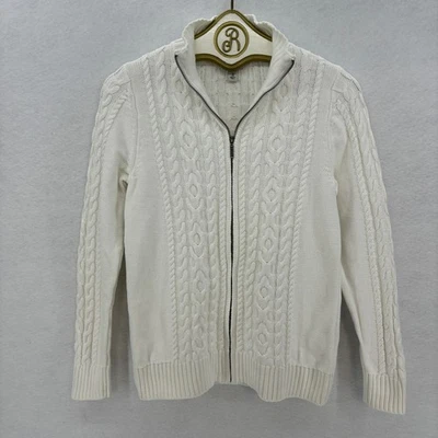 L.L. Suéter feminino Bean branco malha cabo zíper completo algodão médio inverno costeiro - Imagem 1 de 4