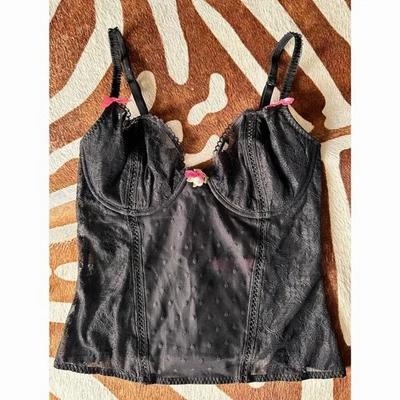 Корсет кружевной Y2K Betsey Johnson черный в горошек с розовыми бантиками 34C - Изображение 1 из 4