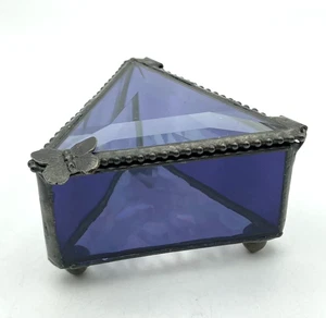 Vtg J Devlin Purple Leaded Stained Art Glass Triangle Trinket Box Butterfly 3" - Picture 1 of 14