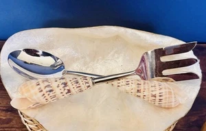 Natural Shell Handle Serving Spoon & Fork Set Coastal Palm Beach Regency Set - Picture 1 of 6