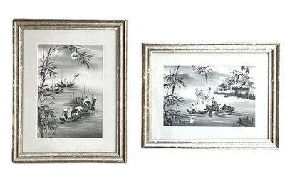 Rare Pair Vietnamese Ink Wash Silk Paintings Signed "Quang" Conservation Framed - Image 1 of 4