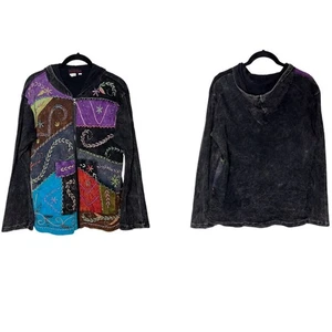 Rising Tide Patchwork Embroidered Zip Up Jacket Large Gray Multicolor Boho - Picture 1 of 16