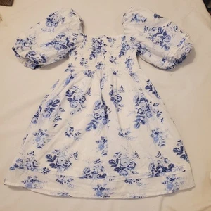 Janie And Jack Girls Sz 6 Puff Sleeve Rouched Front Dress Blue Roses - Picture 1 of 6