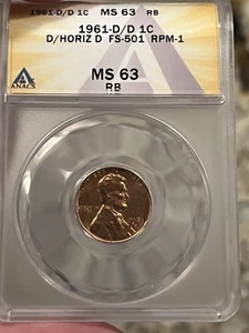 Centavo Lincoln 1961-D/D 1C D/Horiz D FS-501 RPM-1 ANACS MS 63 doble perforado mm - Imagen 1 de 10