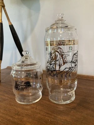 2 tarros de boticario vintage con tapa de frascos de vidrio transparente de caballo dorado negro occidental Foto 1 de 4