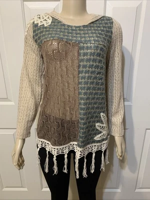 Suéter tejido abierto Ali Miles para mujer M multicolor con capucha boho encaje borla túnica Foto 1 de 4