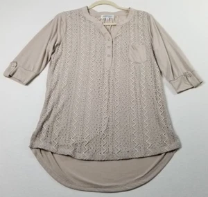 Eve & Maddie Top Women's L Large Beige Zig Zag Lace Pocket 3/4 Sleeves Stretch - Picture 1 of 11
