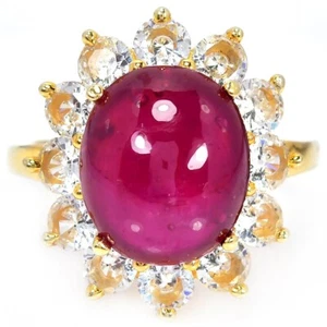 925 STERLING SILVER BLOOD RED RUBY OVAL & WHITE CZ 14K YELLOW GOLD PLATED RING 8 - Picture 1 of 8