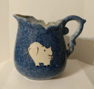 Blue Spongeware Calico China Pitcher with Pig Speckled Country Farmhouse decor - Picture 1 of 14