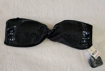 Pink Victorias Secret Bandeua Bikini Top Black Sequins Size Medium Strapless - Image 1 of 4