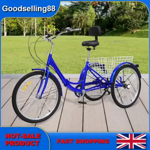 24 Inch Adult Trike Tricycle Foldable 3 Wheel Bike 7-Speed With Basket Blue UK - Picture 1 of 18