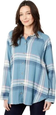 Lucky Brand Size Small Plaid Long Sleeve Flannel Button Tunic Shirt Blue Cotton - Image 1 of 4