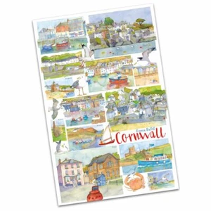 Emma Ball Cornwall Red Montage Scenes 100% Cotton Tea Towel - Padstow, Bude - Picture 1 of 1