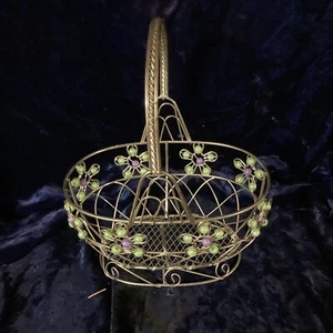 DECORATIVE METAL WIRE BASKET WITH HANDLE AND WOVEN WICKER BASE BEADED FLOWERS - Picture 1 of 3
