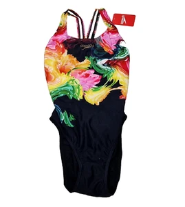 Disfraz de natación de una pieza SPEEDO para mujer Plmt Digi Pbck Af negro floral talla 8 J - Imagen 1 de 2