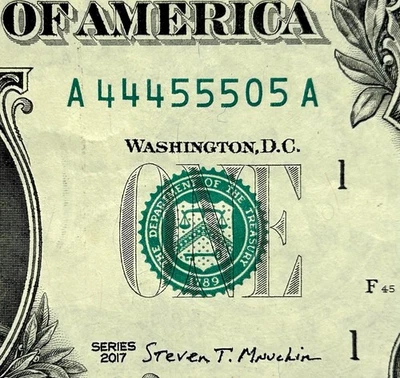 44455505 - Fancy Repeater Serial - XF 2017 $1 Bill Federal Reserve Note - Image 1 of 3