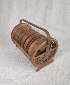 VTG Geisha Girls Coasters W/ Caddy Bamboo Rattan Wicker Set of 6 Boho Ethnic - Picture 1 of 17