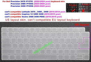 US Keyboard Skin Cover For Dell Precision 3470 P137G 3480 3490 P165G laptop - Picture 1 of 5